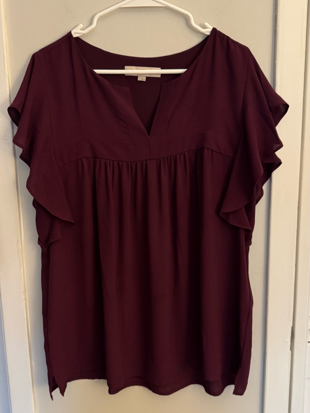 LOFT Burgundy Ruffle Sleeve Split V-Neck Blouse